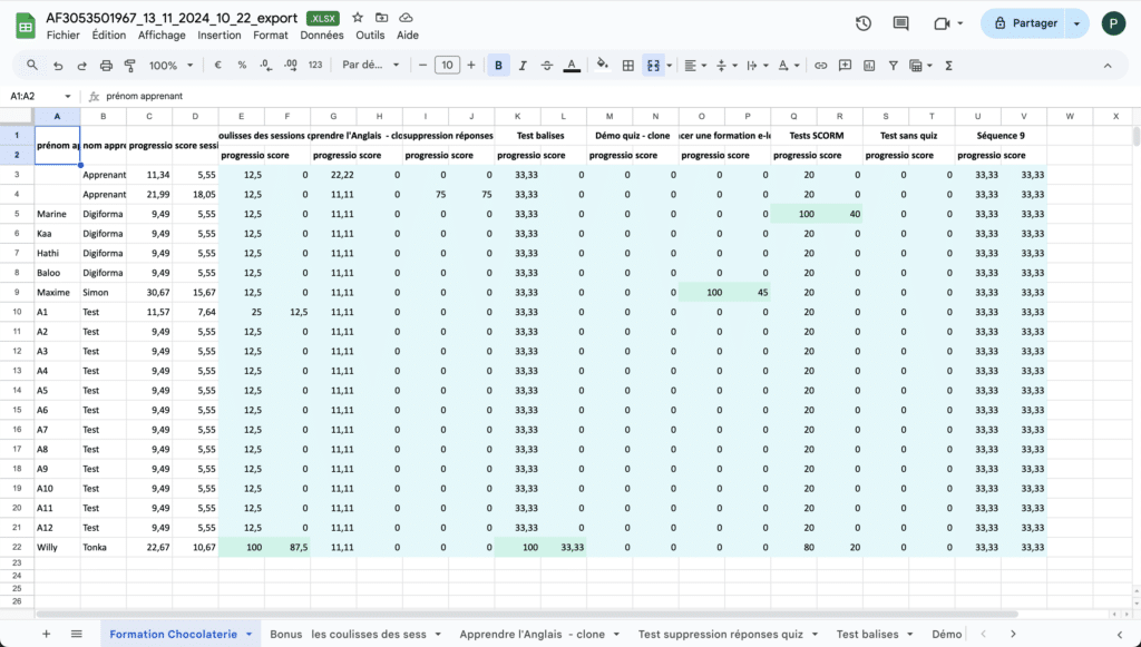 Export XLS des données E-learning Digiforma