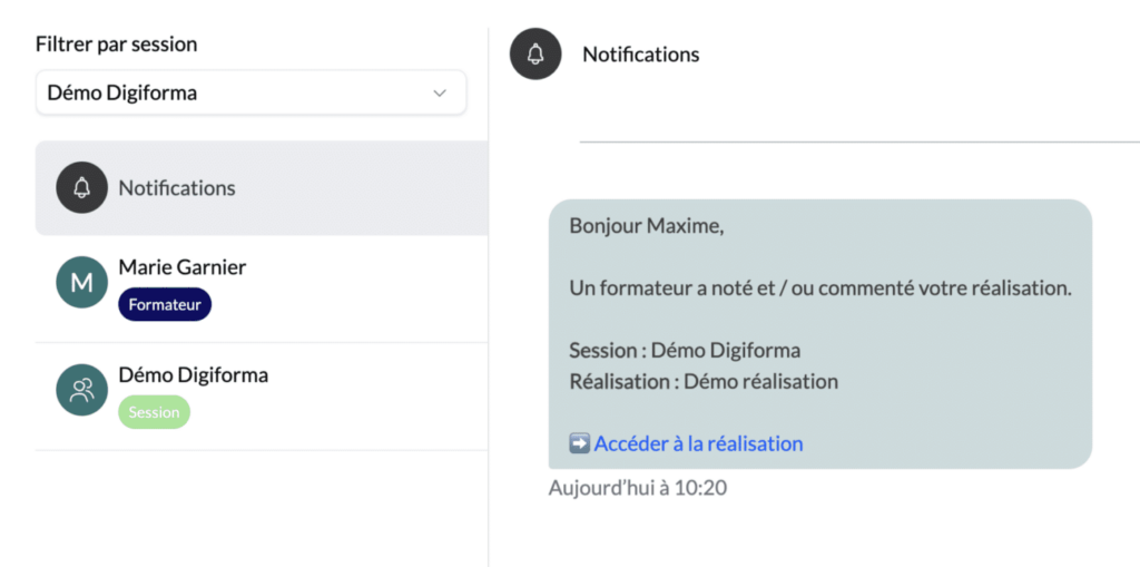 Notifications de réalisation dans la messagerie instantanée Digiforma